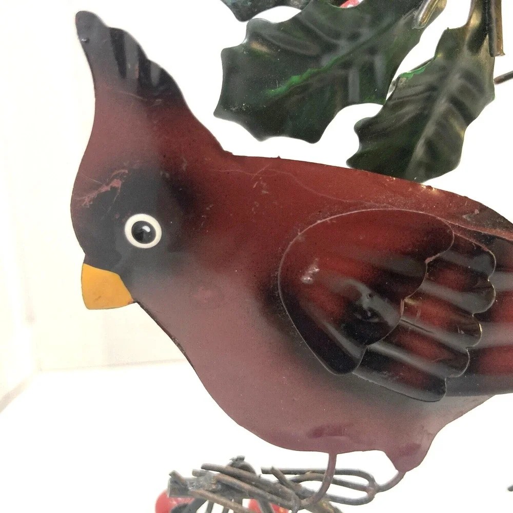 Vintage Metal Winter Cardinal and Holly Leaves Cast Iron Base Figure 7